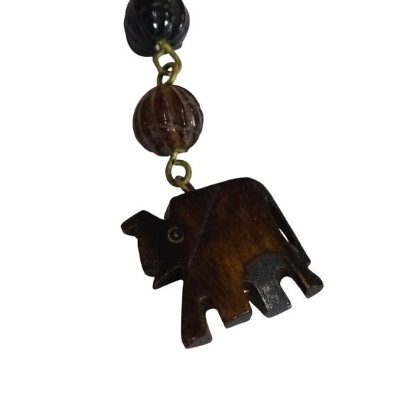Wooden Elephant Dangle Hanging Earrings Brown Beads Gold Tone 3.5 inch - Picture 2 of 5
